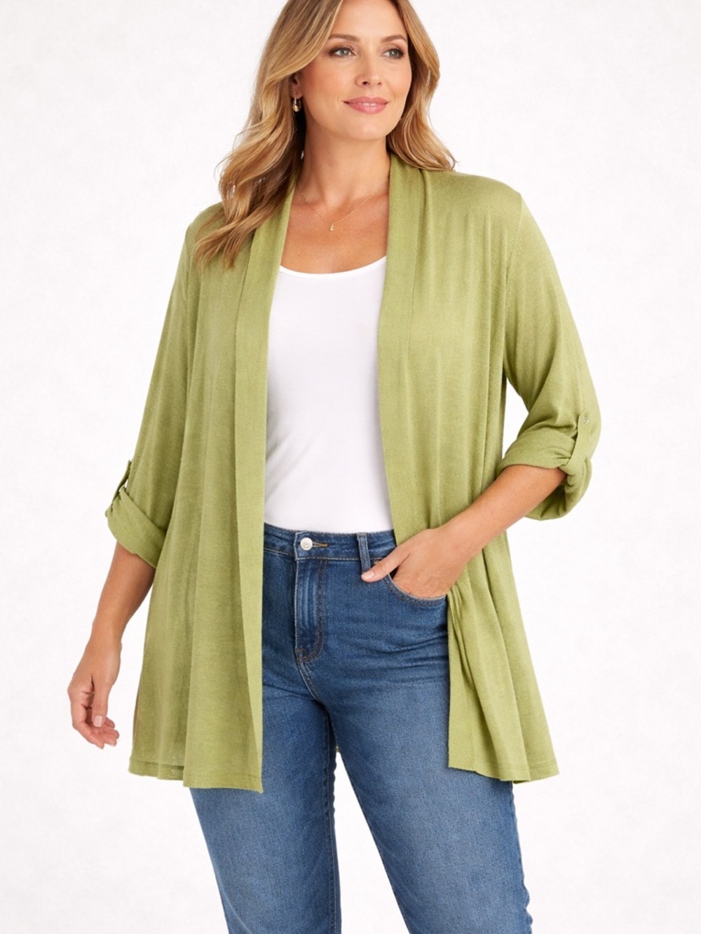 Chico's Cardigan Size 3 (XL 16/18) Green Lightweight Open Front Casual